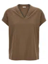 Brunello Cucinelli Rolled Cuffs V-neck Short Sleeve Top In Burgundy