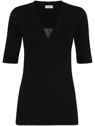 Brunello Cucinelli Stretch Cotton Ribbed Jersey Top With Precious Insert Clothing In Black