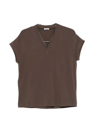 Brunello Cucinelli V Neck Relaxed Fit Short Sleeve T-shirt In Brown