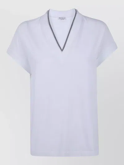 Brunello Cucinelli V Neck T-shirt Rolled Cuffs Short Sleeves In Multi