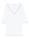 Brunello Cucinelli Ribbed V-neck 3/4 Sleeves Crewneck Contrast Trim In White