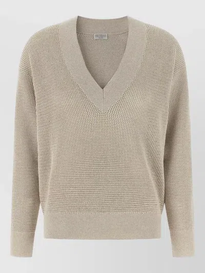 Brunello Cucinelli V Neck Textured Knit Sweater Ribbed Trims In Brown