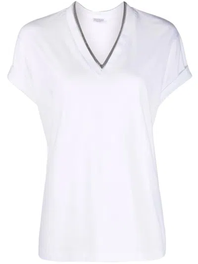 Brunello Cucinelli V-neck Top With Rolled Sleeves And Metallic Trim In White