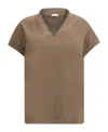Brunello Cucinelli Rolled Cuffs V-neck Short Sleeve Top In Brown