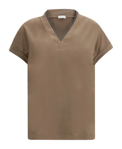BRUNELLO CUCINELLI BRUNELLO CUCINELLI V-NECK TOP WITH SHORT SLEEVES