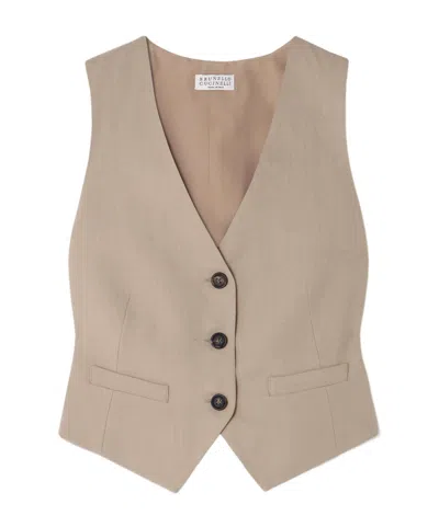 Brunello Cucinelli Bead-embellished Twill Vest In Neutral