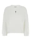 Brunello Cucinelli V-neck White Cotton Sweater With Monil Detail