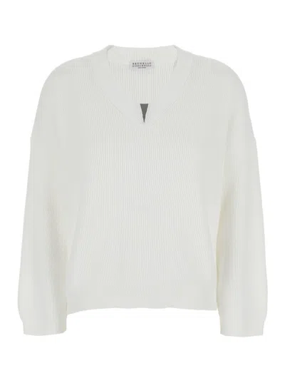 Brunello Cucinelli V-neck White Cotton Sweater With Monil Detail