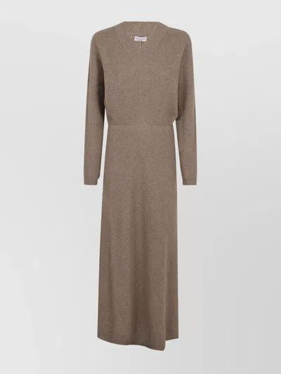 Brunello Cucinelli V-neckline Ribbed Texture Fitted Waist Dress In Brown