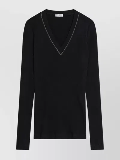 Brunello Cucinelli V-neckline Ribbed Wool Sweater In Black