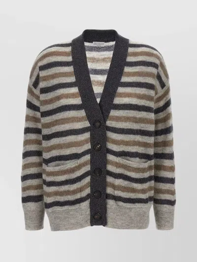 Brunello Cucinelli V-neckline Striped Pattern Wool Cardigan In Black