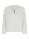 Brunello Cucinelli White Sweater With V Neck And Monile Detail On The Front In Cotton Woman In White