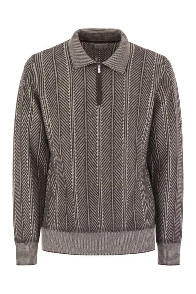 BRUNELLO CUCINELLI BRUNELLO CUCINELLI VANISÉ CHEVRON CASHMERE SWEATER WITH POLO NECK AND ZIP OPENING