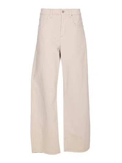 Brunello Cucinelli Loose Barrel Denim Pants With Monile In Sand