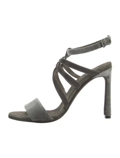 Pre-owned Brunello Cucinelli Velvet Crystal Embellishments Slingback Sandals In Green