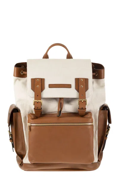 Brunello Cucinelli City Backpack In Leather And Fabric In White