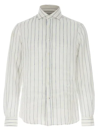 Brunello Cucinelli Vertical Stripe Linen Shirt With Cuffed Sleeves In Multi