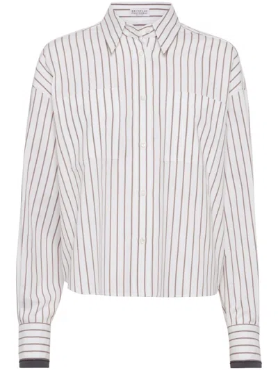 BRUNELLO CUCINELLI BRUNELLO CUCINELLI VERTICAL STRIPE PATTERNED WHITE SHIRT