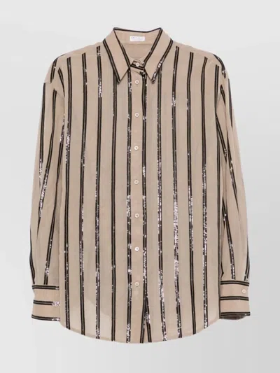 Brunello Cucinelli Vertical Striped Cotton Shirt In Neutral