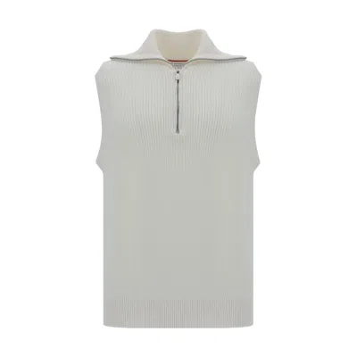 Brunello Cucinelli Ribbed Cotton High Collar Sleeveless Vest In White