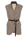 Brunello Cucinelli Waist Belted Lapel Sleeveless Textured Jacket In Brown