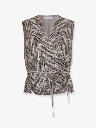 Brunello Cucinelli Vest With Sequins Embroidery In Brown