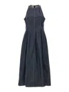 Brunello Cucinelli Glossy Denim Structured Midi Dress With Contrast Stitching In Blue