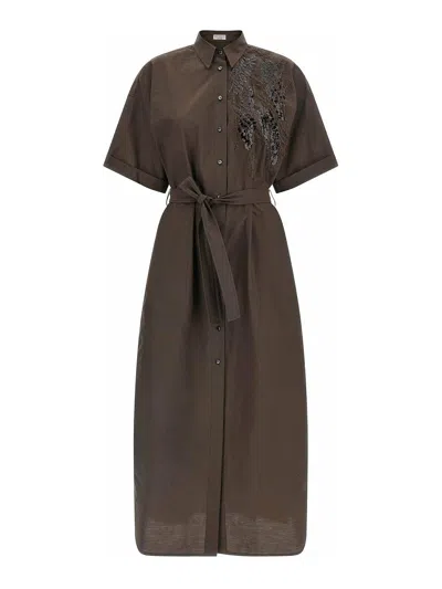 Brunello Cucinelli Dazzling Seabed Embroidery Dress In Brown