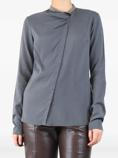 Pre-owned Brunello Cucinelli Vintage Beaded-collar Long-sleeve Blouse In Gray