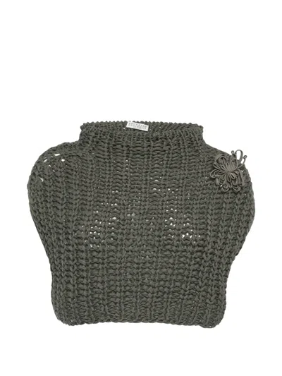 Pre-owned Brunello Cucinelli Vintage Crochet Floral-appliqué Sleeveless Cropped Sweater In Gray