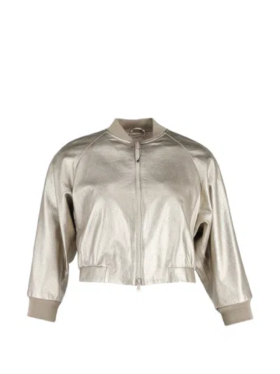 Pre-owned Brunello Cucinelli Vintage Cropped Leather Bomber Jacket In Gold