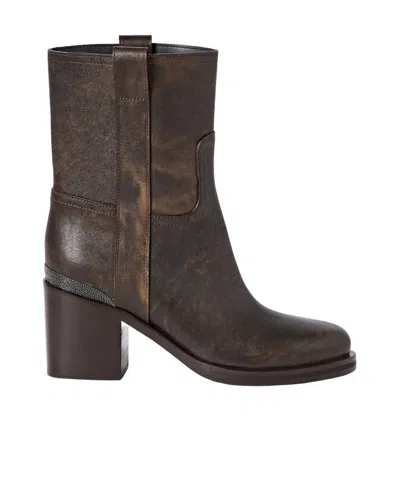 Brunello Cucinelli Vintage Leather Ankle Boots With Precious Detail In Brown