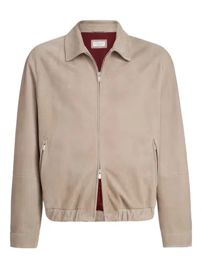 Brunello Cucinelli Vintage Leather Bomber Jacket In Neutral