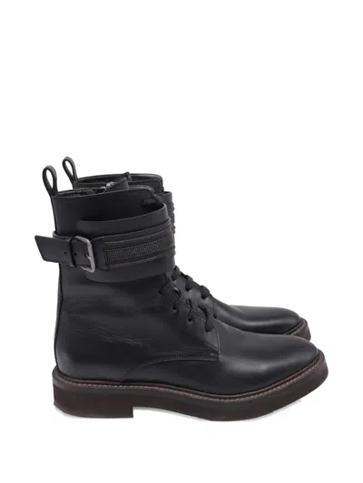 Pre-owned Brunello Cucinelli Vintage Monili Buckle-strap Ankle Boots In Black
