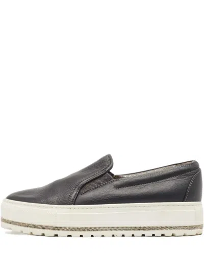 Pre-owned Brunello Cucinelli Vintage Monili-trim Leather Sneakers In Black