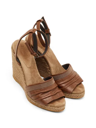 Pre-owned Brunello Cucinelli Vintage Monili-chain Espadrille Wedge Sandals In Brown