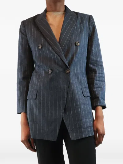 Pre-owned Brunello Cucinelli Vintage Pinstripe Double-breasted Blazer In Gray