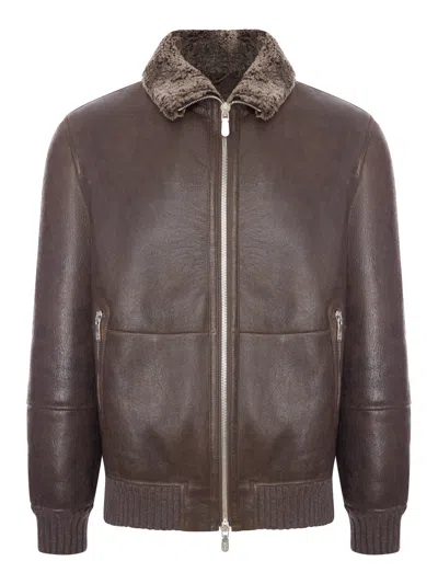 Brunello Cucinelli Vintage-effect Shearling Bomber Jacket In Brown
