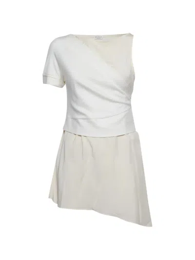 Pre-owned Brunello Cucinelli Vintage Silk-panel Wrap-style Tunic Top In Neutral