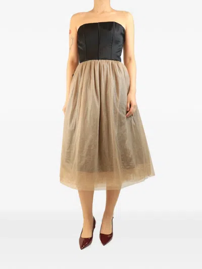 Pre-owned Brunello Cucinelli Vintage Tulle-overlay Strapless Midi Dress In Neutral