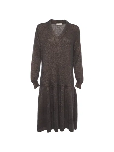 Pre-owned Brunello Cucinelli Vintage V-neck Long-sleeve Knitted Midi Dress In Black