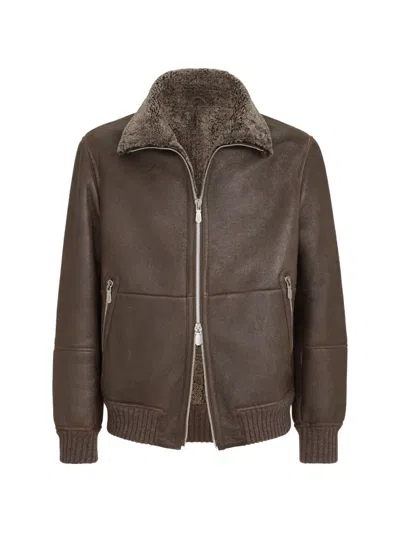 Brunello Cucinelli Vintage-effect Shearling Bomber Jacket In Brown