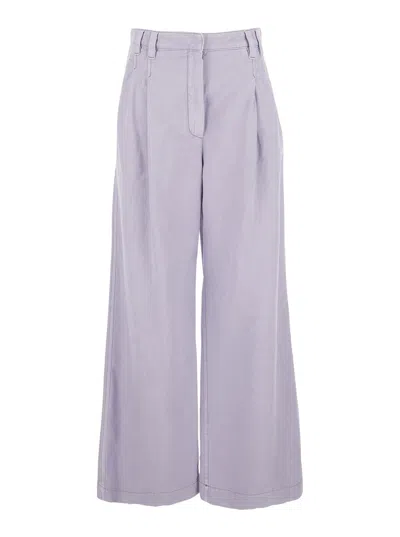BRUNELLO CUCINELLI BRUNELLO CUCINELLI WOMEN VIOLET PANTS WITH MONIL DETAIL ON THE LOOP AND WIDE LEG IN COTTON AND LINEN