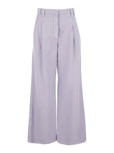 Brunello Cucinelli Violet Pants With Monil Detail On The Loop And Wide Leg In Cotton And Linen Blend Woman In Purple