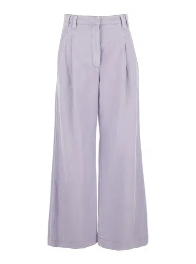 Brunello Cucinelli Violet Pants With Monil Detail On The Loop And Wide Leg In Cotton And Linen Blend Woman