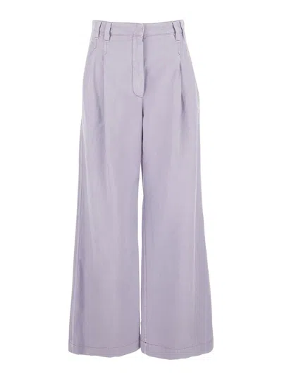 BRUNELLO CUCINELLI VIOLET PANTS WITH MONIL DETAIL ON THE LOOP AND WIDE LEG IN COTTON AND LINEN BLEND WOMAN