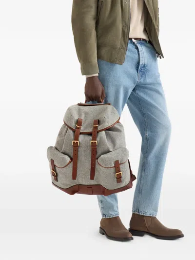 Brunello Cucinelli Virgin Wool, Alpaca And Cashmere Flannel Field Backpack With Grained Calfskin Inserts In Gray