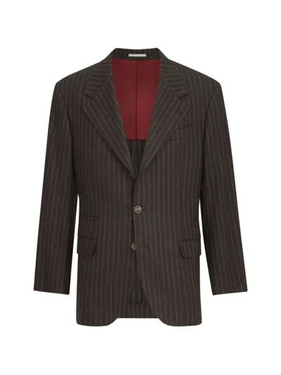 Brunello Cucinelli Virgin Wool And Cashmere Chalk Stripe Flannel Tailor Blazer In Brown