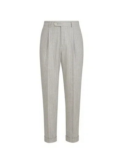 Brunello Cucinelli Virgin Wool And Cashmere Chalk Stripe Flannel Trousers With Pleat In Gray