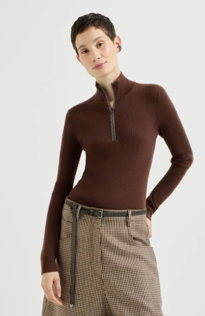 Brunello Cucinelli Virgin Wool And Cashmere Lightweight Ribbed Turtleneck Sweater With Precious Half In Brown